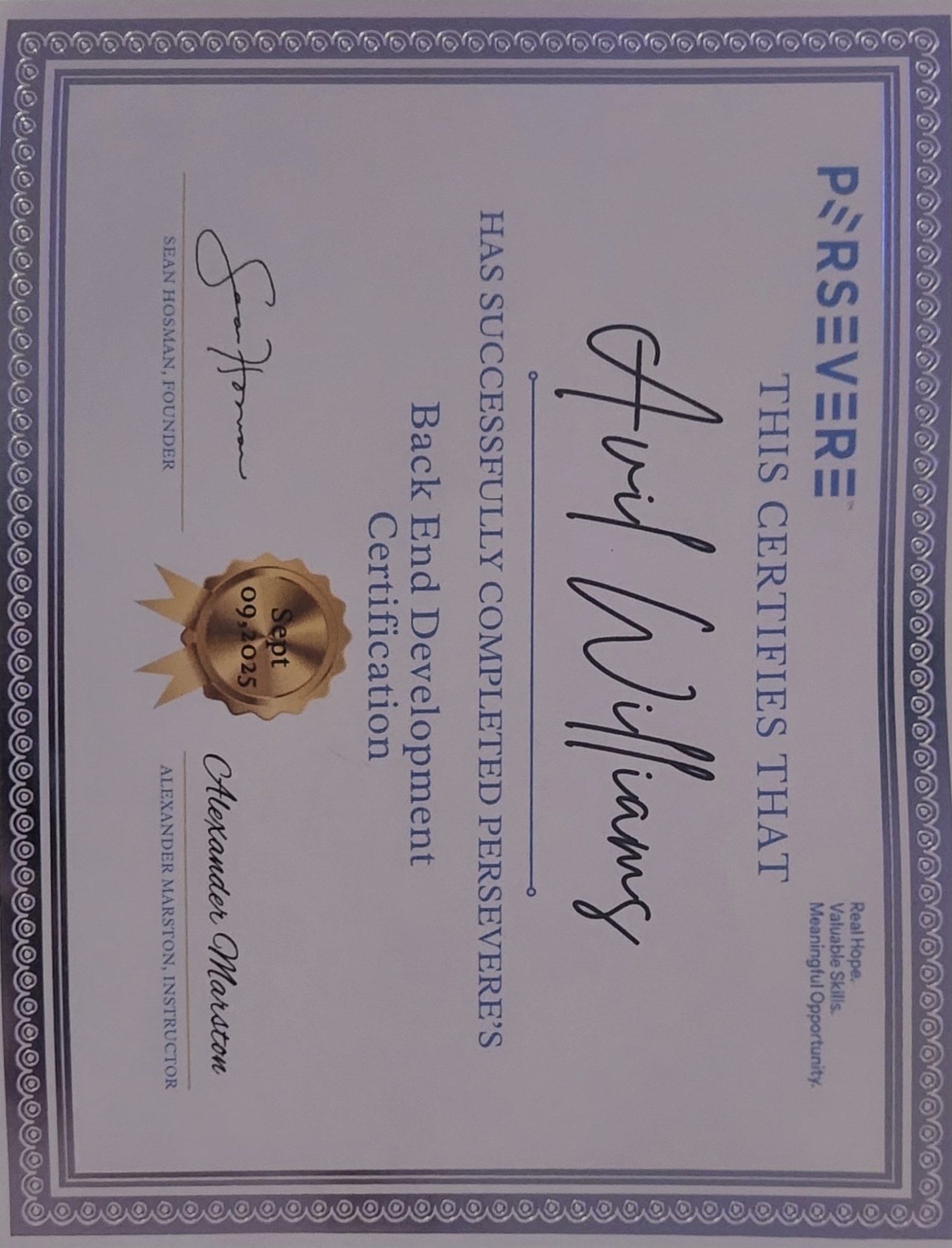 Persevere Back End Development Certification - Avil Williams